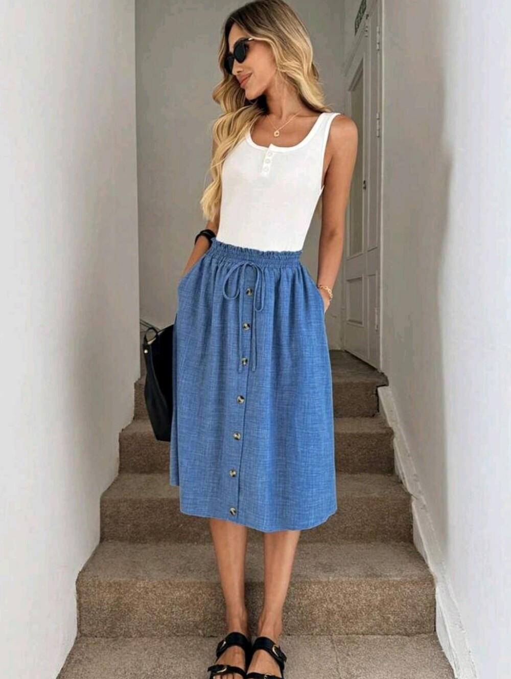 Women Light Blue Denim Effect A-Line Skirt, Loose Fit, For Autumn Vacatio - Picture 5 of 5